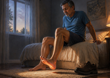 Hombre adulto sentado en el borde de la cama con gesto de dolor al apoyar un pie en el suelo por la mañana, una escena relacionada con el dolor de la fascitis plantar.