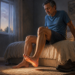 Hombre adulto sentado en el borde de la cama con gesto de dolor al apoyar un pie en el suelo por la mañana, una escena relacionada con el dolor de la fascitis plantar.