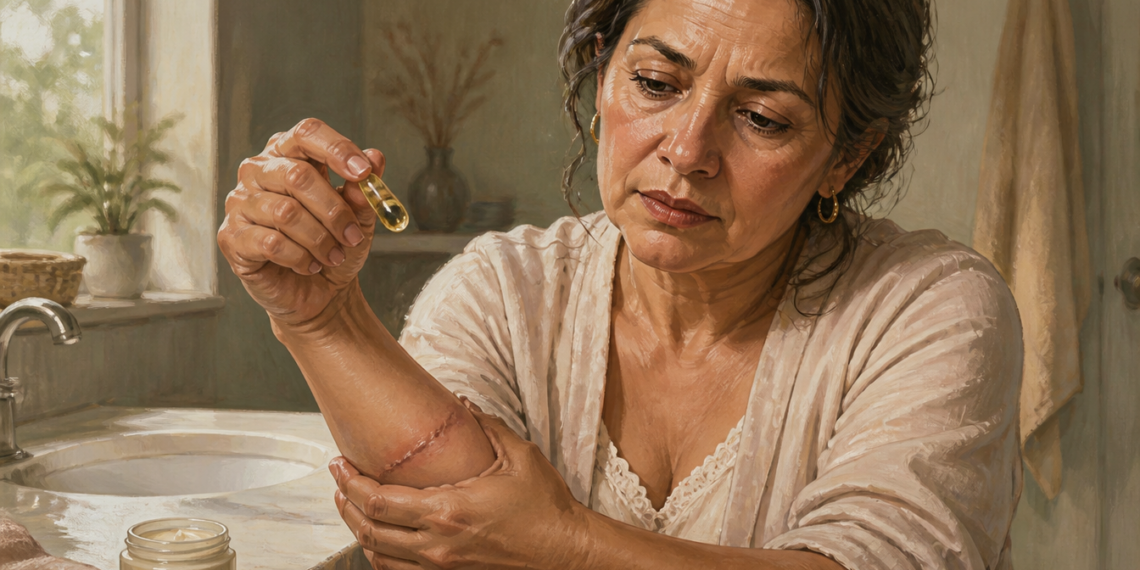 Mujer madura observando una cicatriz en su antebrazo mientras sostiene una cápsula de vitamina E, en un entorno de baño, reflexionando sobre su aplicación tópica.