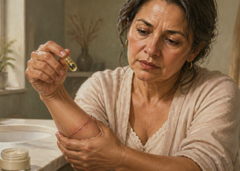 Mujer madura observando una cicatriz en su antebrazo mientras sostiene una cápsula de vitamina E, en un entorno de baño, reflexionando sobre su aplicación tópica.