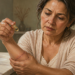 Mujer madura observando una cicatriz en su antebrazo mientras sostiene una cápsula de vitamina E, en un entorno de baño, reflexionando sobre su aplicación tópica.