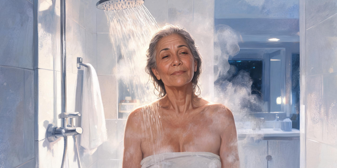 Una mujer mayor de cabello grisáceo disfrutando de una ducha de agua caliente en un baño lleno de vapor.