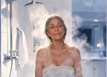 Una mujer mayor de cabello grisáceo disfrutando de una ducha de agua caliente en un baño lleno de vapor.