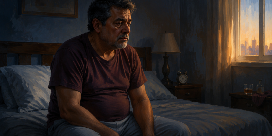 Hombre maduro sentado en el borde de la cama al amanecer, con expresión seria y cansada, junto a un reloj despertador.