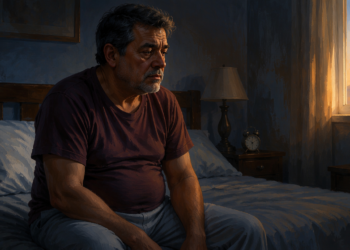 Hombre maduro sentado en el borde de la cama al amanecer, con expresión seria y cansada, junto a un reloj despertador.