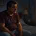 Hombre maduro sentado en el borde de la cama al amanecer, con expresión seria y cansada, junto a un reloj despertador.