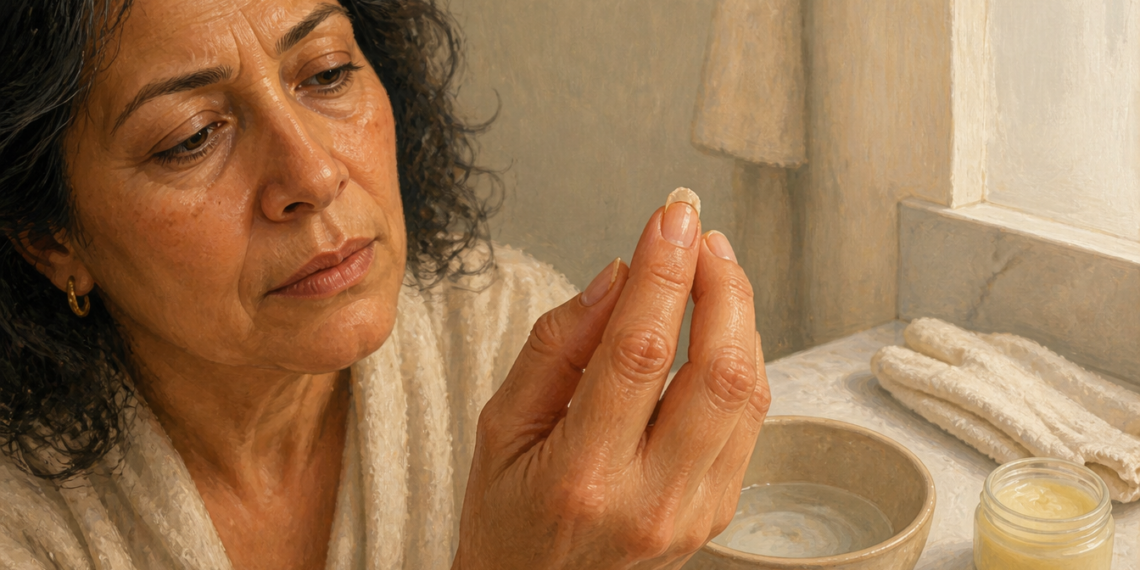 Mujer adulta observando una uña quebradiza mientras la sostiene con los dedos junto a un cuenco con agua y un frasco de ungüento casero, en un baño iluminado, relacionada con el cuidado y fortalecimiento de las uñas.