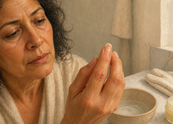 Mujer adulta observando una uña quebradiza mientras la sostiene con los dedos junto a un cuenco con agua y un frasco de ungüento casero, en un baño iluminado, relacionada con el cuidado y fortalecimiento de las uñas.