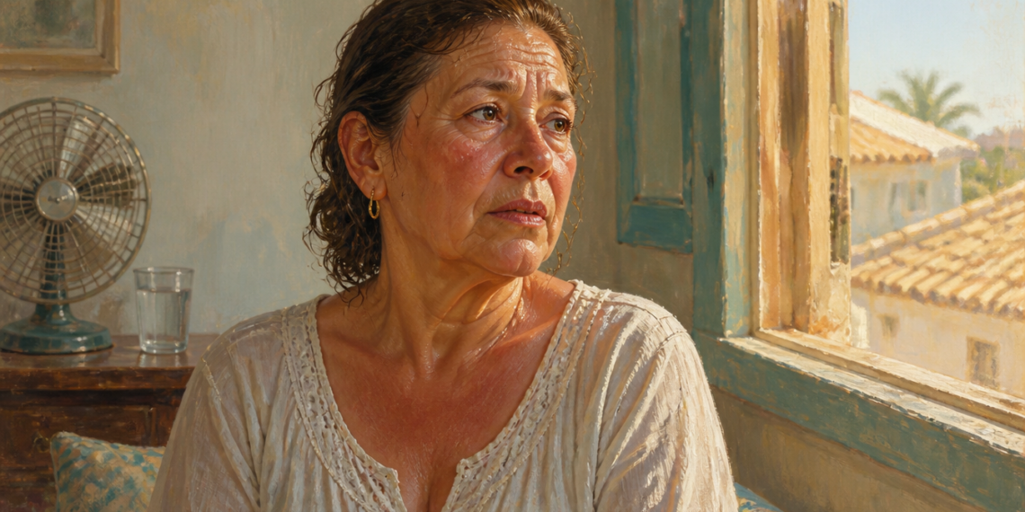 Mujer adulta con el rostro enrojecido y sudoroso junto a una ventana abierta, con un ventilador y un vaso de agua al fondo, mostrando molestias relacionadas con el calor y el hipertiroidismo.