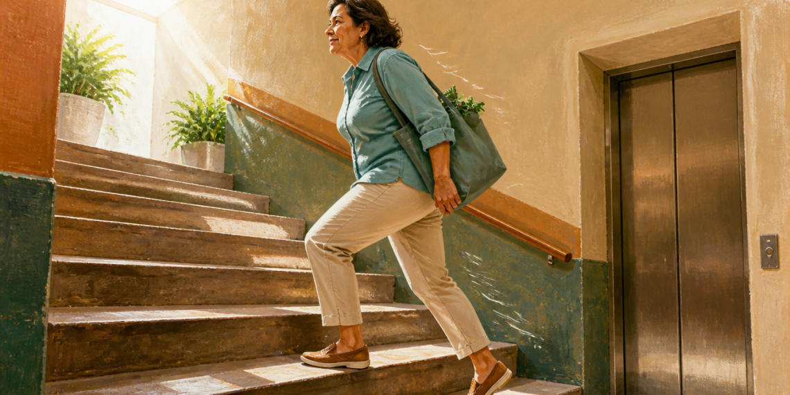Mujer adulta subiendo unas escaleras en lugar de utilizar el ascensor, ilustrando un breve esfuerzo físico como ejemplo de los llamados snacks de ejercicio.