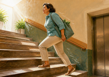 Mujer adulta subiendo unas escaleras en lugar de utilizar el ascensor, ilustrando un breve esfuerzo físico como ejemplo de los llamados snacks de ejercicio.