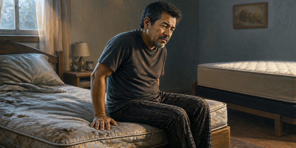 Hombre adulto sentado en el borde de un colchón visiblemente hundido y desgastado, con expresión de incomodidad, en un dormitorio con otra cama al fondo.