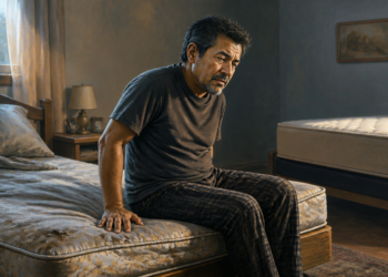 Hombre adulto sentado en el borde de un colchón visiblemente hundido y desgastado, con expresión de incomodidad, en un dormitorio con otra cama al fondo.