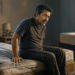 Hombre adulto sentado en el borde de un colchón visiblemente hundido y desgastado, con expresión de incomodidad, en un dormitorio con otra cama al fondo.