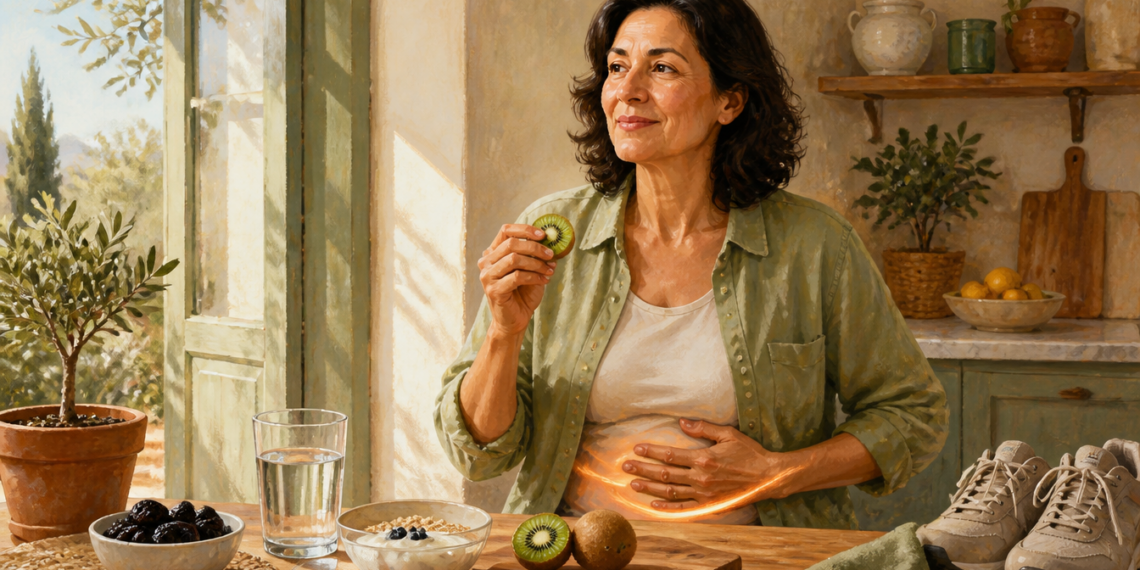 Mujer adulta sosteniendo una rodaja de kiwi y apoyando una mano sobre el abdomen, ante una mesa con agua, ciruelas pasas, avena y fruta, junto a unas zapatillas.