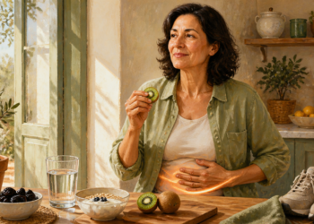 Mujer adulta sosteniendo una rodaja de kiwi y apoyando una mano sobre el abdomen, ante una mesa con agua, ciruelas pasas, avena y fruta, junto a unas zapatillas.