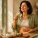 Mujer adulta sosteniendo una rodaja de kiwi y apoyando una mano sobre el abdomen, ante una mesa con agua, ciruelas pasas, avena y fruta, junto a unas zapatillas.