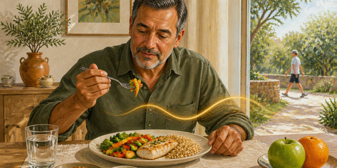 Hombre adulto comiendo un plato con pescado, arroz integral y verduras, acompañado de agua, frutos secos, aceite y fruta, mientras otra persona camina al aire libre.