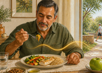 Hombre adulto comiendo un plato con pescado, arroz integral y verduras, acompañado de agua, frutos secos, aceite y fruta, mientras otra persona camina al aire libre.