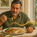 Hombre adulto comiendo un plato con pescado, arroz integral y verduras, acompañado de agua, frutos secos, aceite y fruta, mientras otra persona camina al aire libre.