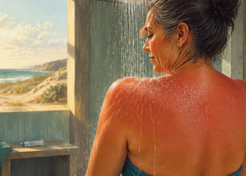 Mujer madura bajo una ducha con la espalda enrojecida por una quemadura solar leve, junto a una playa.