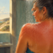 Mujer madura bajo una ducha con la espalda enrojecida por una quemadura solar leve, junto a una playa.