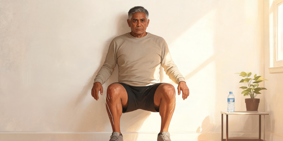 Un hombre mayor con ropa deportiva realizando un ejercicio isométrico de pared, manteniendo una sentadilla estática con la espalda apoyada en una pared blanca en una habitación iluminada por el sol.