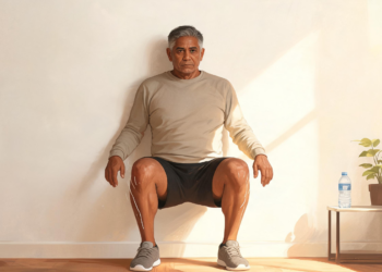 Un hombre mayor con ropa deportiva realizando un ejercicio isométrico de pared, manteniendo una sentadilla estática con la espalda apoyada en una pared blanca en una habitación iluminada por el sol.