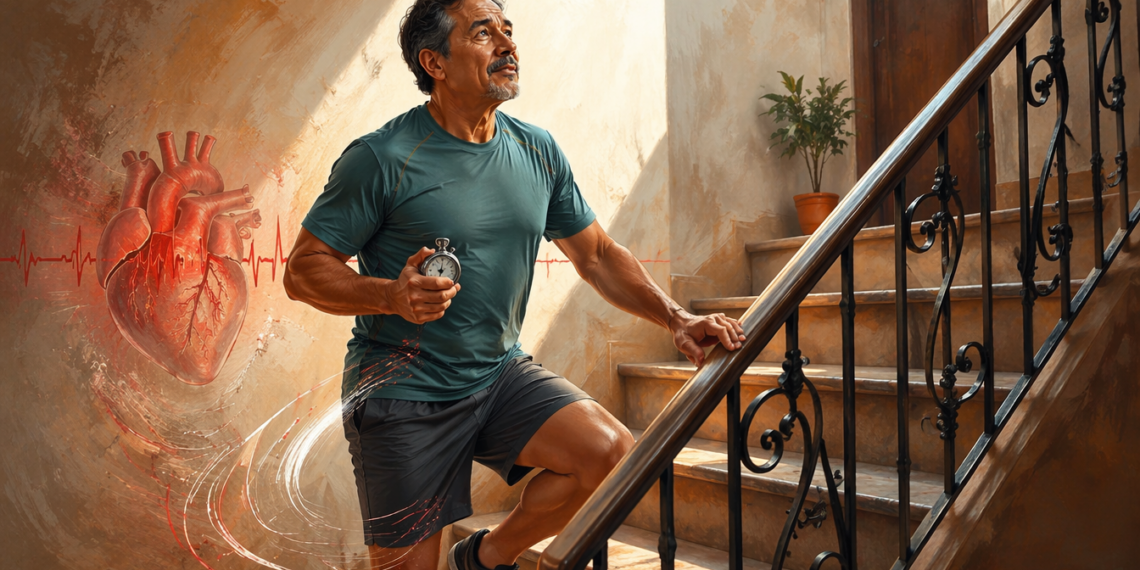 Hombre maduro con ropa deportiva subiendo un tramo de escaleras mientras sostiene un cronómetro, con una ilustración superpuesta de un corazón humano y una línea de electrocardiograma representando la salud cardiovascular.