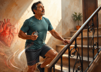 Hombre maduro con ropa deportiva subiendo un tramo de escaleras mientras sostiene un cronómetro, con una ilustración superpuesta de un corazón humano y una línea de electrocardiograma representando la salud cardiovascular.