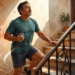 Hombre maduro con ropa deportiva subiendo un tramo de escaleras mientras sostiene un cronómetro, con una ilustración superpuesta de un corazón humano y una línea de electrocardiograma representando la salud cardiovascular.