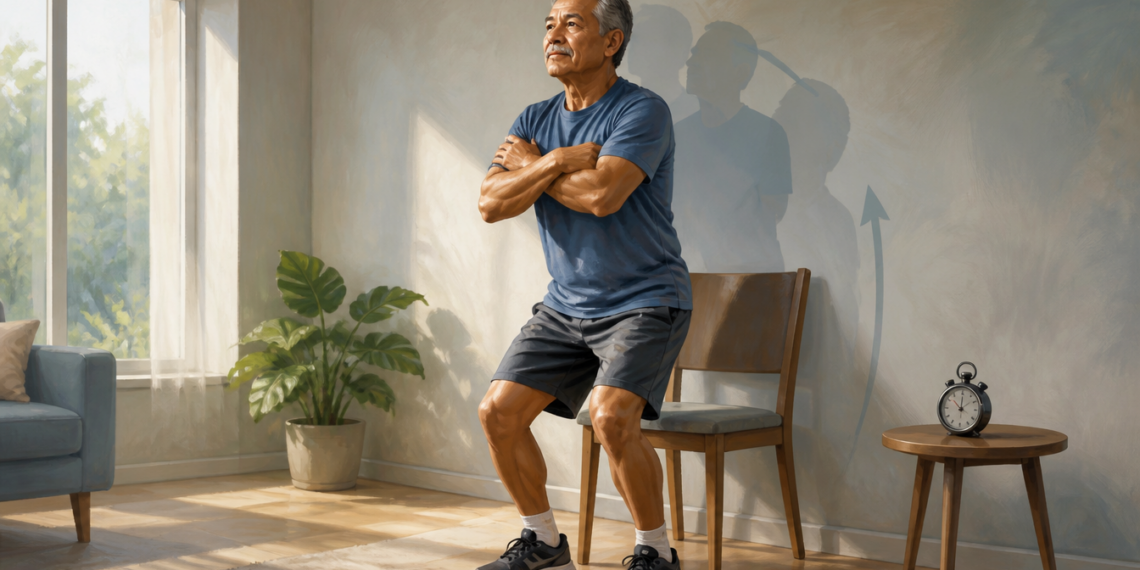 Un hombre de edad avanzada realiza el test de la silla en una sala de estar, poniéndose de pie y sentándose repetidamente frente a una silla de madera. A su lado, hay una planta en maceta y un reloj sobre una mesa pequeña.