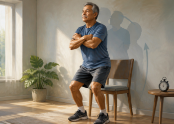 Un hombre de edad avanzada realiza el test de la silla en una sala de estar, poniéndose de pie y sentándose repetidamente frente a una silla de madera. A su lado, hay una planta en maceta y un reloj sobre una mesa pequeña.