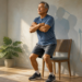 Un hombre de edad avanzada realiza el test de la silla en una sala de estar, poniéndose de pie y sentándose repetidamente frente a una silla de madera. A su lado, hay una planta en maceta y un reloj sobre una mesa pequeña.