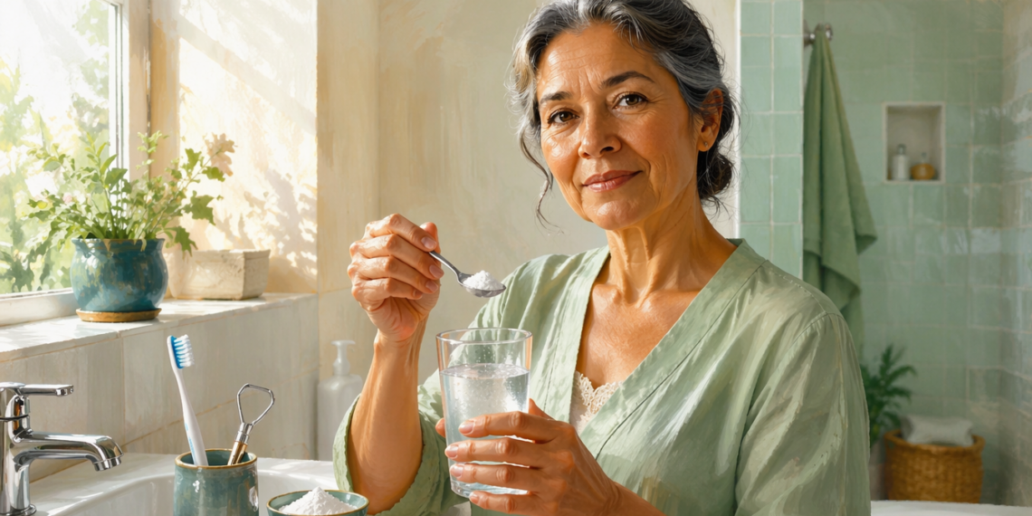 Una mujer madura con bata verde sostiene un vaso de agua y una cuchara con polvo blanco en un baño luminoso, junto a un lavabo con un cepillo de dientes, un raspador lingual y un cuenco con bicarbonato de sodio.