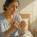 Una mujer de mediana edad sentada al borde de la cama por la mañana, observando sus manos con expresión de rigidez o malestar. Viste pijama azul y al fondo se observa un dormitorio con una lámpara y un despertador sobre la mesita de noche.