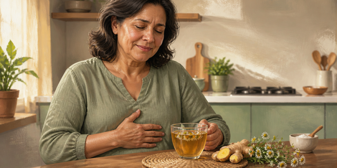 Una mujer de mediana edad se encuentra sentada en una mesa de cocina con la mano sobre el pecho, expresando malestar, mientras frente a ella hay una taza de té con flores, jengibre fresco y manzanilla.