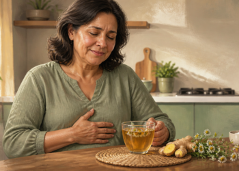 Una mujer de mediana edad se encuentra sentada en una mesa de cocina con la mano sobre el pecho, expresando malestar, mientras frente a ella hay una taza de té con flores, jengibre fresco y manzanilla.