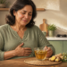 Una mujer de mediana edad se encuentra sentada en una mesa de cocina con la mano sobre el pecho, expresando malestar, mientras frente a ella hay una taza de té con flores, jengibre fresco y manzanilla.