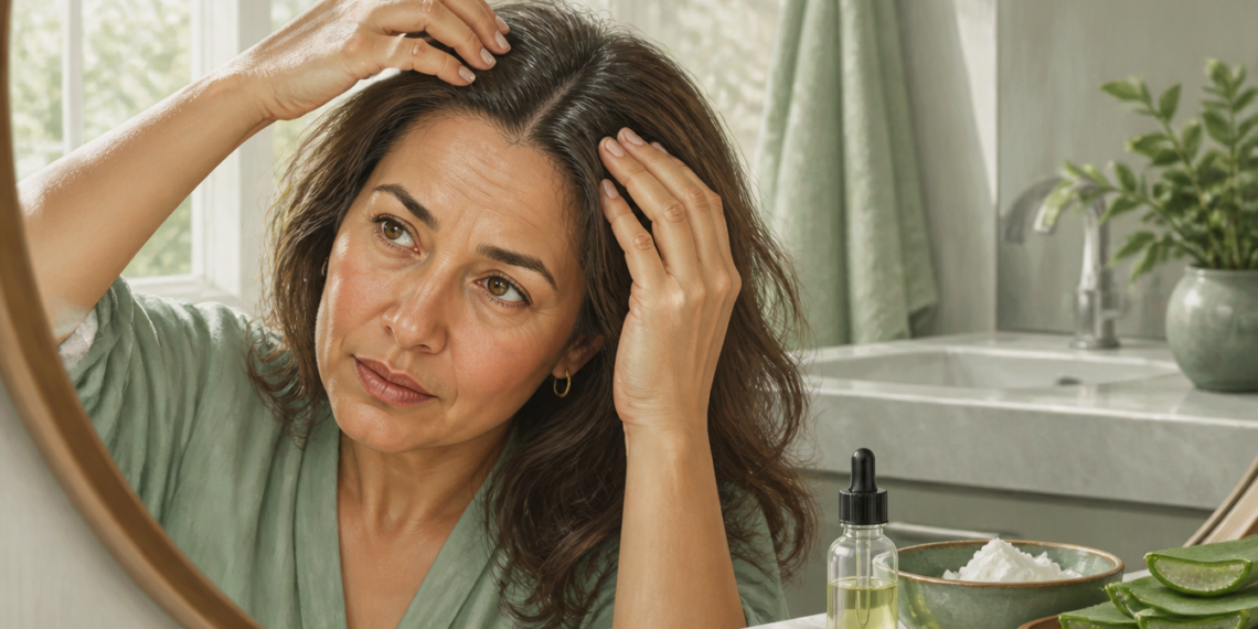Una mujer de mediana edad se observa en un espejo de baño examinando su cuero cabelludo con las manos, mientras sobre el mostrador se aprecian ingredientes naturales como aloe vera, un frasco con aceite y un recipiente con polvo.