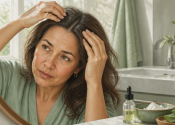 Una mujer de mediana edad se observa en un espejo de baño examinando su cuero cabelludo con las manos, mientras sobre el mostrador se aprecian ingredientes naturales como aloe vera, un frasco con aceite y un recipiente con polvo.