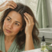 Una mujer de mediana edad se observa en un espejo de baño examinando su cuero cabelludo con las manos, mientras sobre el mostrador se aprecian ingredientes naturales como aloe vera, un frasco con aceite y un recipiente con polvo.