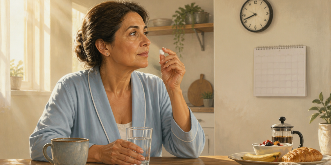 Una mujer en pijama azul toma una pastilla con un vaso de agua en la cocina durante la mañana; al fondo, un reloj y un calendario en la pared refuerzan el concepto de tiempo y tratamiento diario.