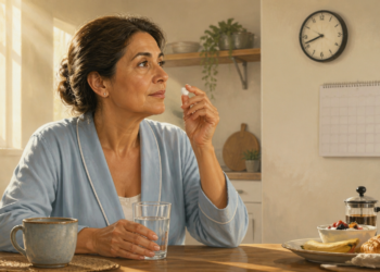Una mujer en pijama azul toma una pastilla con un vaso de agua en la cocina durante la mañana; al fondo, un reloj y un calendario en la pared refuerzan el concepto de tiempo y tratamiento diario.