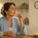 Una mujer en pijama azul toma una pastilla con un vaso de agua en la cocina durante la mañana; al fondo, un reloj y un calendario en la pared refuerzan el concepto de tiempo y tratamiento diario.