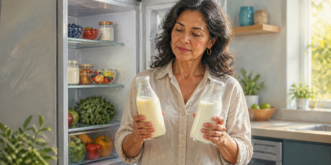 Una mujer de mediana edad está de pie frente a un refrigerador abierto en una cocina, sosteniendo dos botellas de leche y comparándolas antes de elegir.