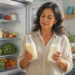 Una mujer de mediana edad está de pie frente a un refrigerador abierto en una cocina, sosteniendo dos botellas de leche y comparándolas antes de elegir.