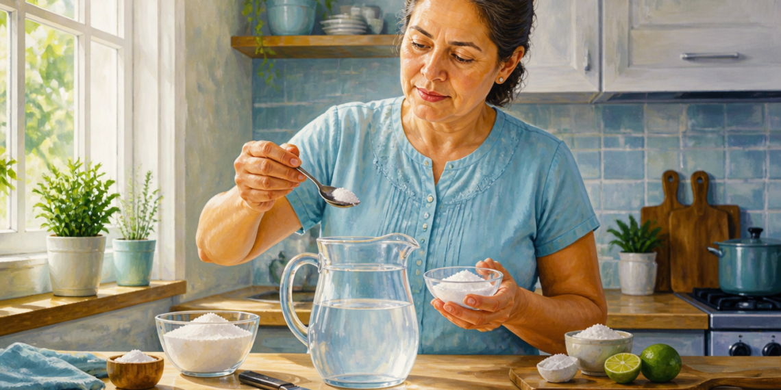 Una mujer de mediana edad prepara suero casero en la cocina, añadiendo una cucharadita de sal a una jarra con agua, junto a un cuenco con azúcar y limones sobre la mesa.