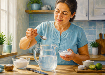 Una mujer de mediana edad prepara suero casero en la cocina, añadiendo una cucharadita de sal a una jarra con agua, junto a un cuenco con azúcar y limones sobre la mesa.
