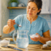 Una mujer de mediana edad prepara suero casero en la cocina, añadiendo una cucharadita de sal a una jarra con agua, junto a un cuenco con azúcar y limones sobre la mesa.